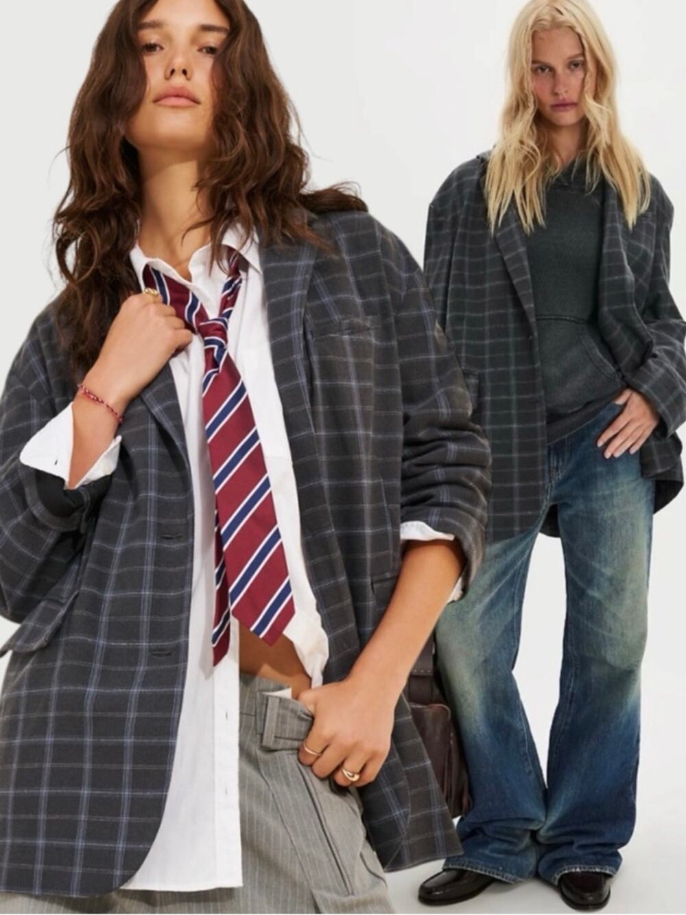 Free People Oversized Layering Menswear Reggie Blazer Blue Plaid Preppy Large